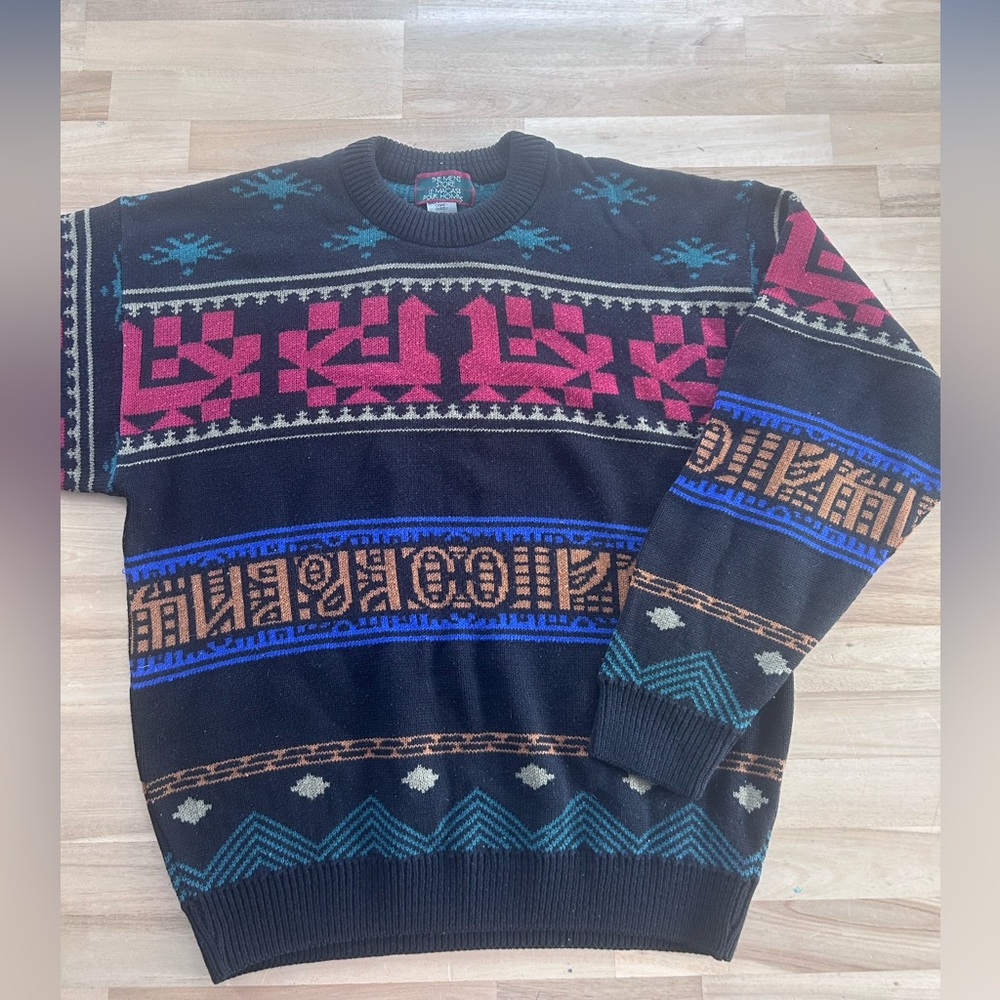 Vintage Pattern Knit Sweater 90s Grandpa Style Nordic Streetwear Large